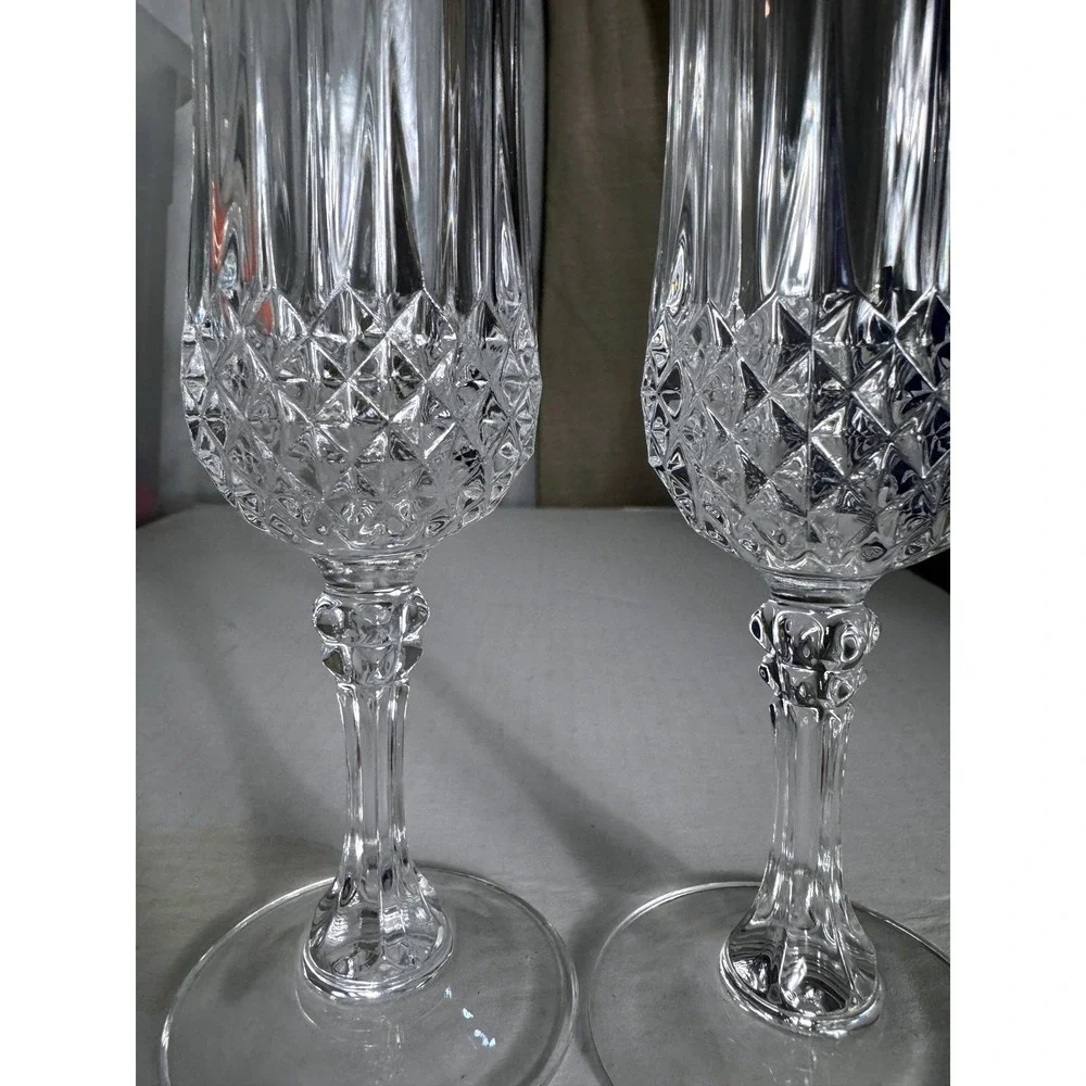 Vintage Gold Rim Octagonal Champagne Flutes Set of 2 Diamond Cut Glass Stemware